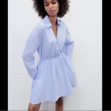 NWT Zara Shirt Dress Oxford Blue Long Sleeve sz Small V-Neck Academia Winter