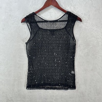 Vintage The Limited Tank Top Womens M Black Scoop Neck Mesh Sequin Sheer Y2K
