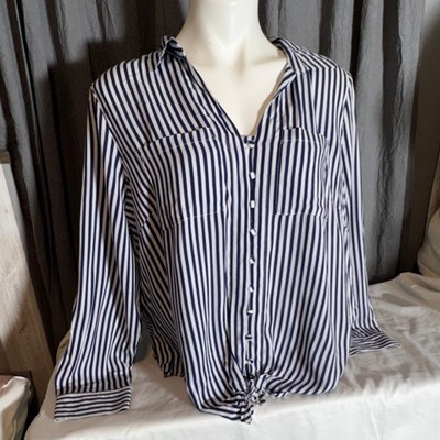 Velvet Heart Striped Navy White Button-Down Blouse Tie Front Pockets Collared 1X