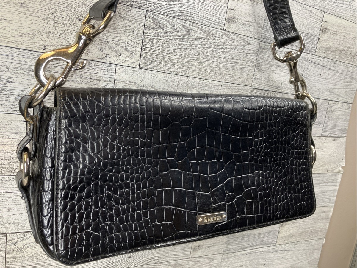Lauren Ralph Lauren Black Crocodile Shoulder Bag Silver Hardware