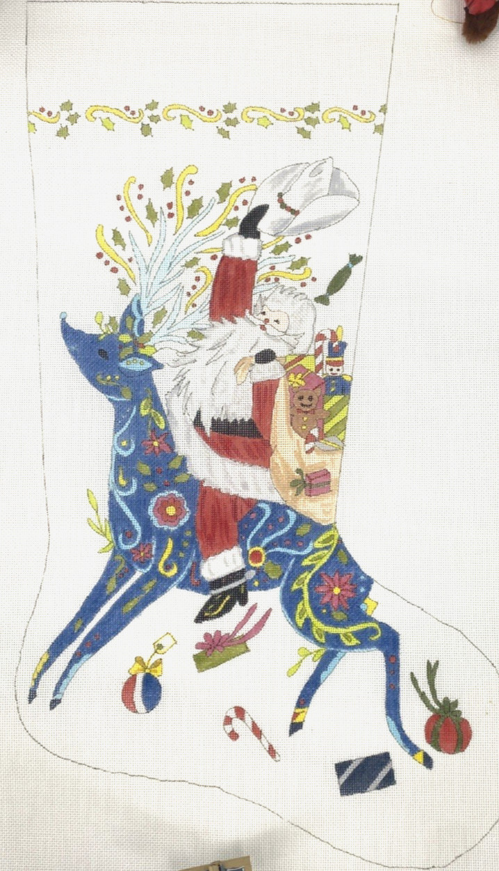 Vintage Pru Cowboy Santa Reindeer Present Needlepoint Canvas Christmas Stocking