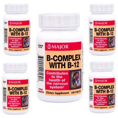 Rugby / Major B-Complex B-12 Vitamins - 100 Tablets | No Gluten 1-2026 - 5 Pack
