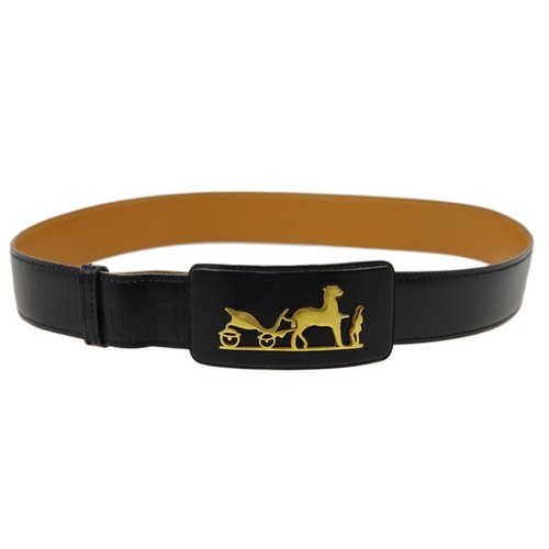 Hermes Horse Carriage Belt Black ◯K #70 Small Good 79789