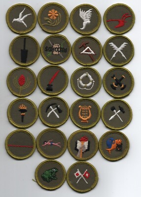 Merit Badge Type F, Lot of 22, Rolled-Edge, Khaki Twill, Mint!