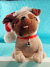 Plush Pug Puppy Dog Stuffed Animal Wearing a Santa Hat 9" Hallmark Christmas