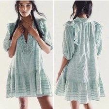 Free People Dress Size XS Green Elora Mini Puff Sleeve Lace Boho Peasant Buttons