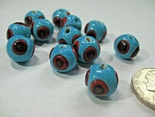 2 MURANO Glass Beads Turquoise Blue 10 mm - 7/16 in w Red Flower motifs