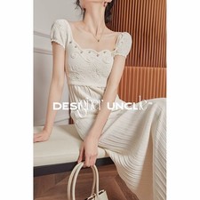 White Square Collar Retro Knitted Embroidered Dress Womens A-line New Long Skirt