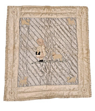 VTG Handmade Satin Baby Blue Quilt 34 X 30 Little Girl Kitty Puppy Flowers 60's