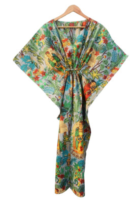 Women Hippie Cotton Summer Sleepwear Frida Print Gray Long Maxi Caftan Dress