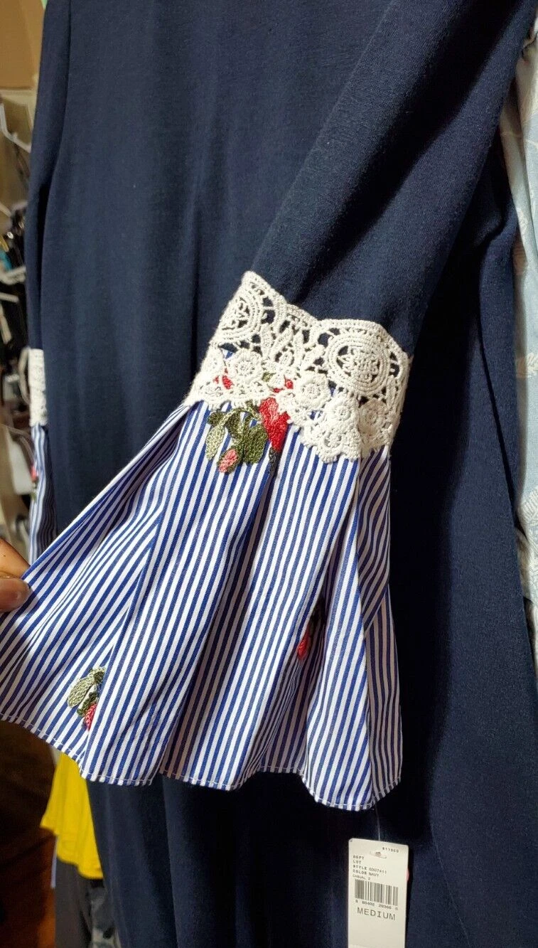 Abito a tubino ALYX blu navy a righe ricamo pizzo manica a campana tasca ~ M M3020