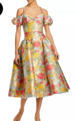 Markarian Multi Jackie Gold Brocade Puff Sleeve Midi Dress Size 10 | eBay