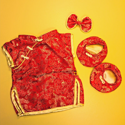 Build-A-Bear rot gold chinesisches Neujahr Qipao Kleid, Schuhe & Schleife Kostüm Outfit