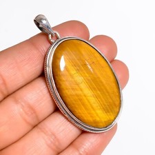 Large Oval Tiger Eye Pendant Brown Stone 925 Sterling Silver Statement Pendant