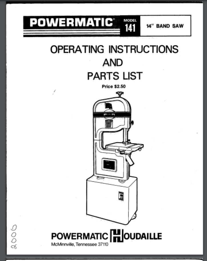 Powermatic Model 141 14 inch BANDSAW 19 pages Comb bound gloss cover