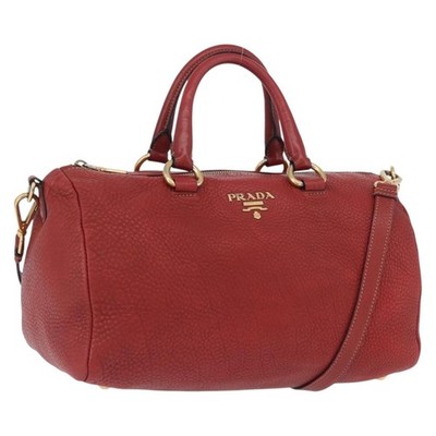 PRADA Hand Bag Leather 2way Red Gold Auth ka2905