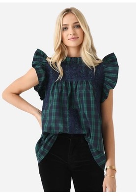 J.Marie Joyce Embroidered Ruffle Neck Cap Sleeve Plaid Top green & navy MEDIUM
