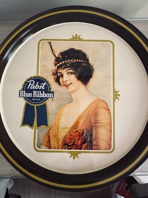 Vintage Pabst Blue Ribbon Tin Beer FLAPPER GIRL Metal Serving Tray Bar Decor