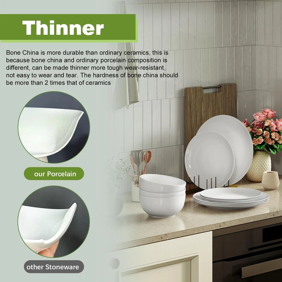 Vajilla de porcelana de hueso blanco de 12 piezas con liviana duradera resistente a astillas... Foto 4 de 4