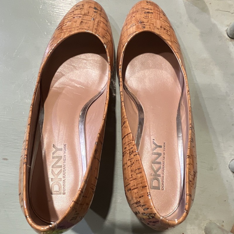 DKNY Women's Tan Cork Wedge Heel Pointed Toe Slip-On Logo Accent Size 10