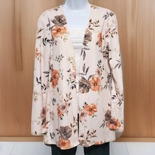 Womens Open Front Lightweight Cardigan, Ivory W/ Floral Print, Sz.L Runs Small 
