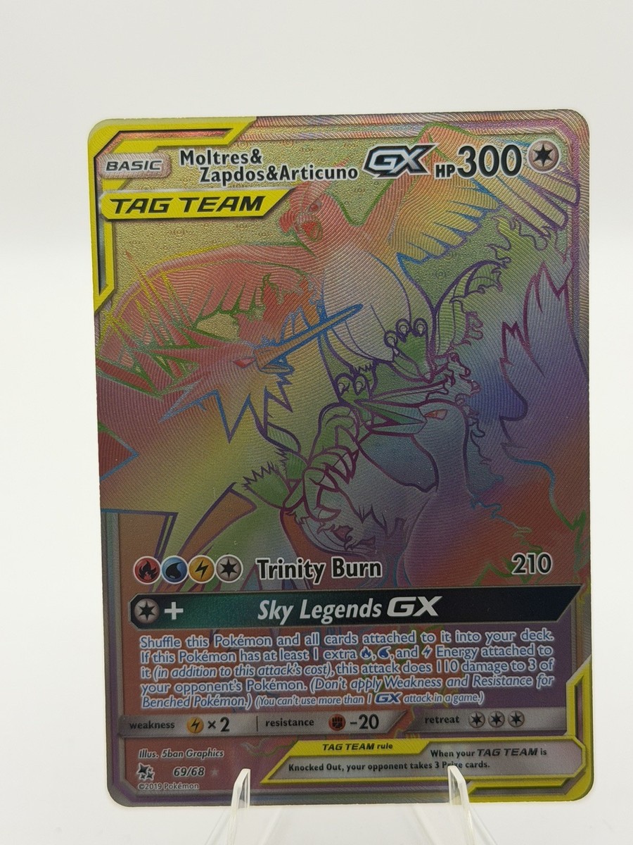 pokemon card moltres zapdos articuno rainbow rare & GX 69/68 - Hidden Fates Tag Team TAG TEAM Pokemon Trading Card Game Hidden