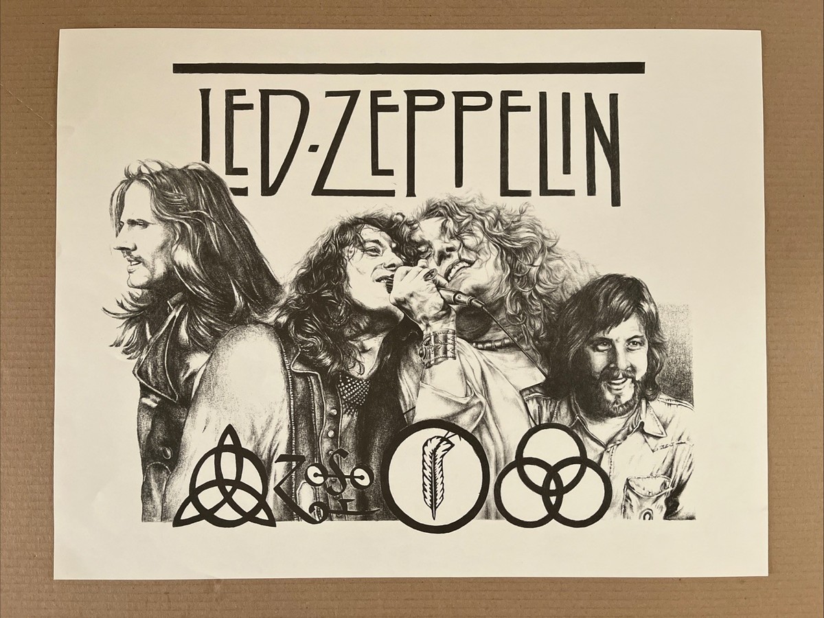 Vintage 1960s Led Zepplin Sketch Poster Black And White Music