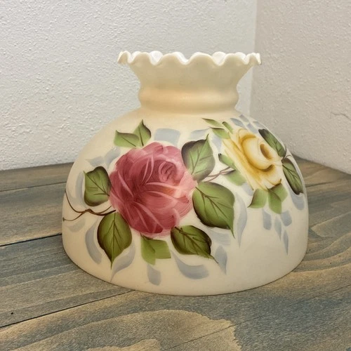 Vintage Milk Glass Hurricane Lamp Shade Hand Painted Roses Ruffled