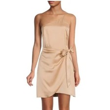 GIANNI BINI One Shoulder Mini Dress Size 4 Tan Beige Satin Party Cocktail New