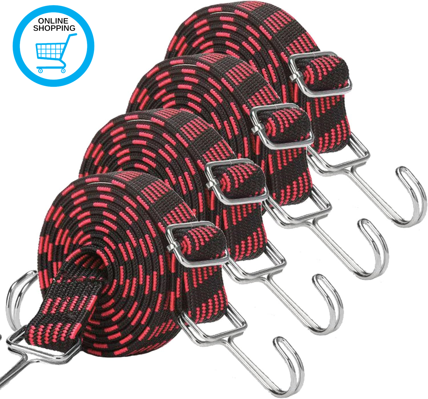 Bungee Cords with Hooks, 4PACK Adjustable Bungee Strapes, 200Cm Heavy Duty Elast