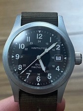 Auth Hamilton Khaki Field 000095 Watch Black Dial Khaki Nylon Strap Working Date