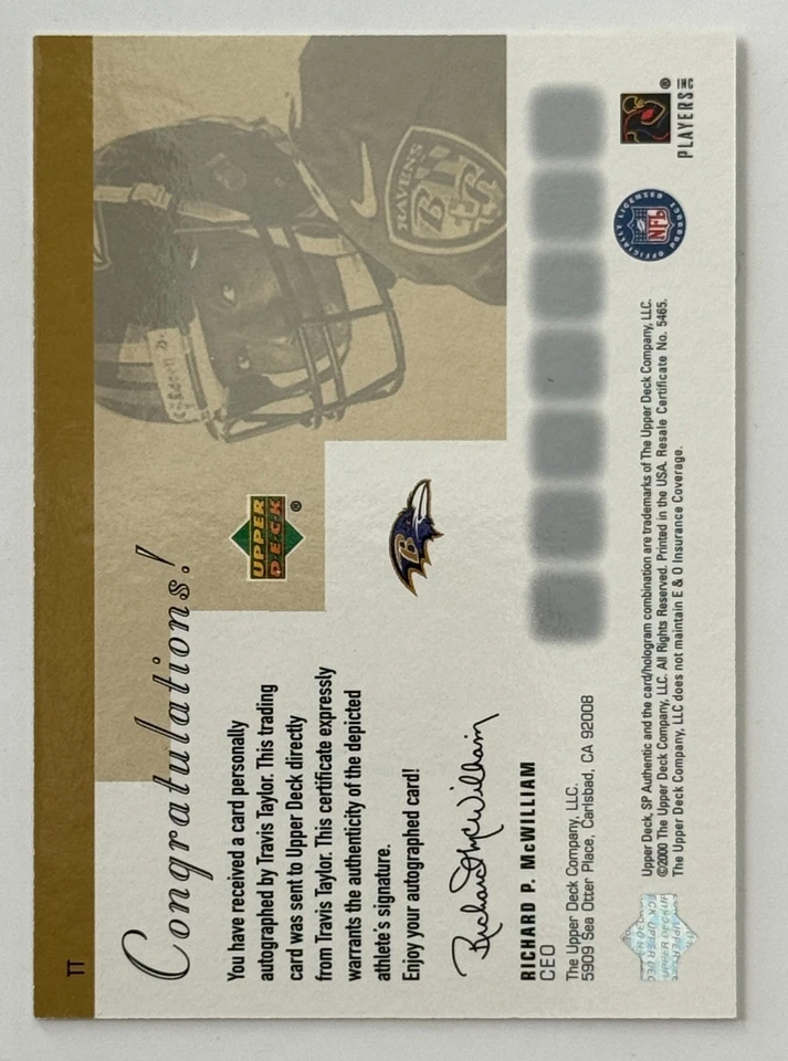 2000 Upper Deck SP Authentic Sign of the Times Autograph Travis Taylor RC #TT - Image 2 of 2