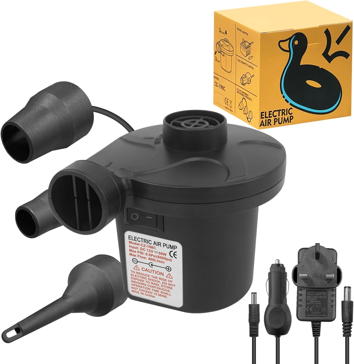 Jsdoin Electric Pump for Inflatables with 3 Nozzles, AC 240V/DC 12V 50W High Po