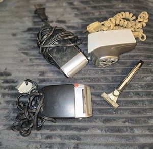 3 Vintage Electric Razors And A Manual Dial Razor, Schick, Norelco, Remington