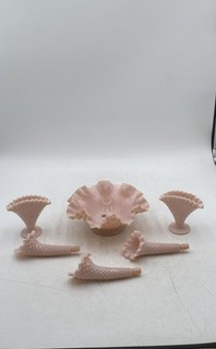 Pink Milk Glass Hobnail Decorative 3 Horn Epergne With 2 Vases Mixed Lot