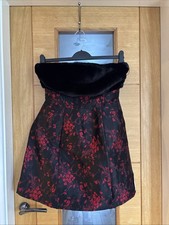 ASOS LUX corseted Caged Skirt Dress, Faux Fur Bust, Black/ Red, Size 12.
