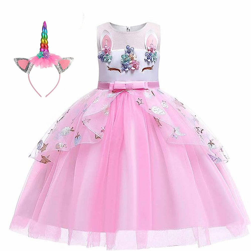 2024 Girls Unicorn Dress Up Costume w/ Flower Headband Kids Fancy Party Outfit