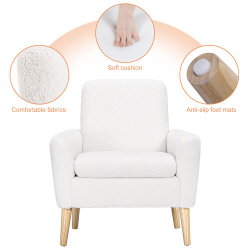 Sherpa Accent Chair White Teddy Fabric Living Room ArmChair Small Sofa Wood Legs - Picture 5 of 19
