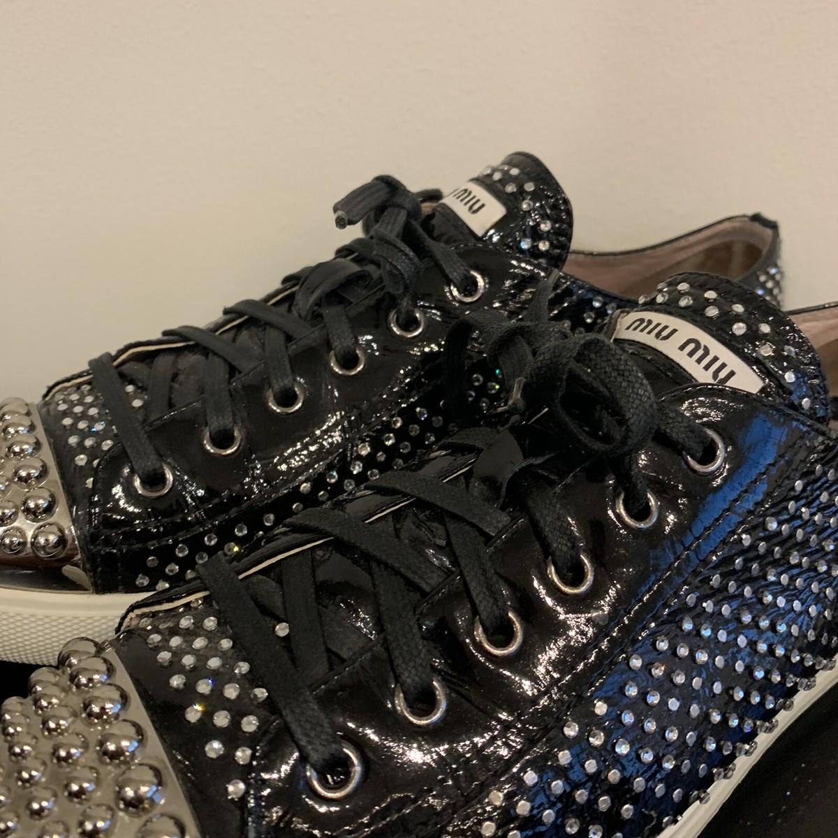 MIU MIU Womens 41 US 11 Black Patent Leather Sneakers Studded Toe