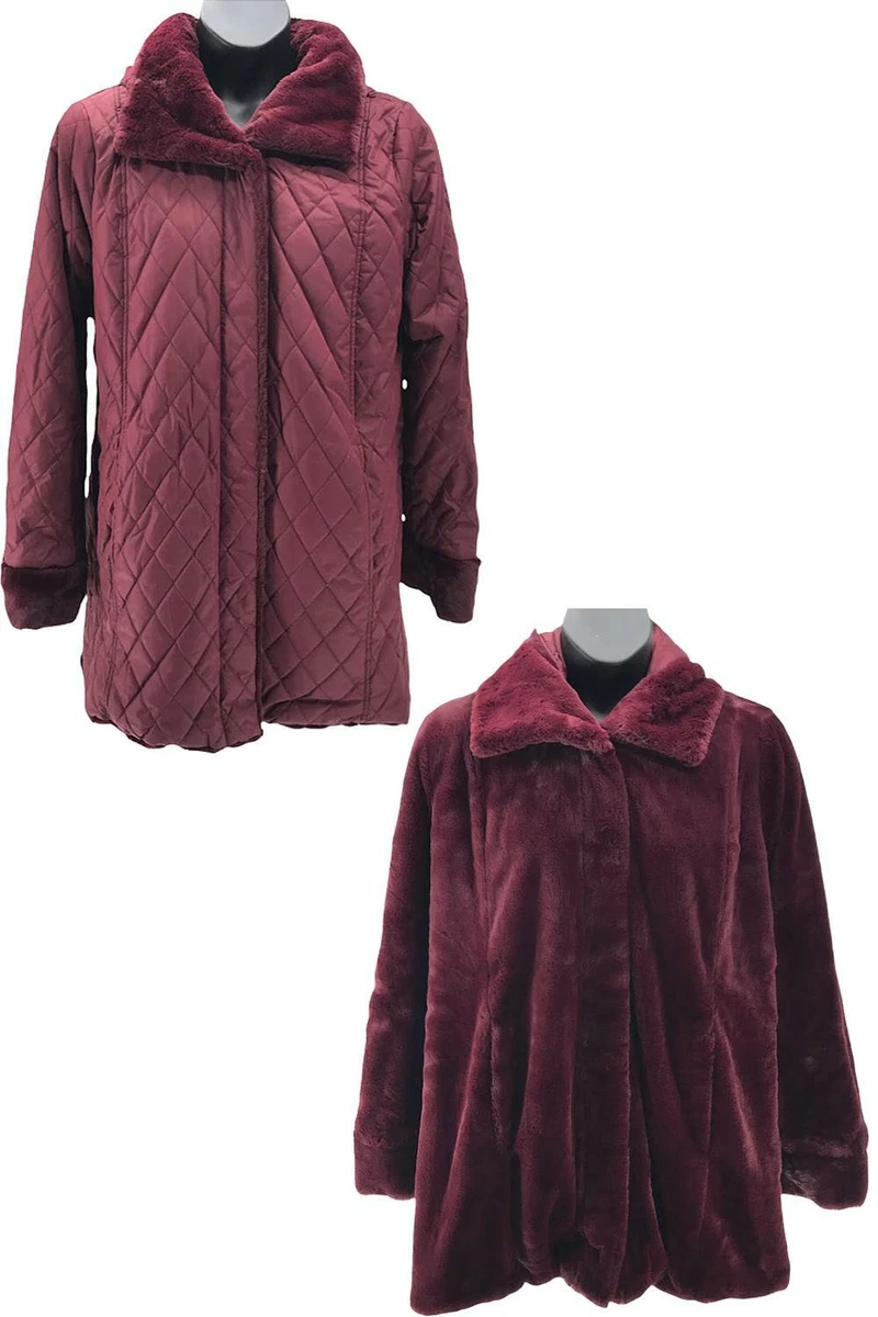 Dennis Basso Reversible Diamond Quilted and Faux Fur Coat Burgundy