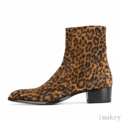 Mens Leopard Ankle Boot Block Heels 