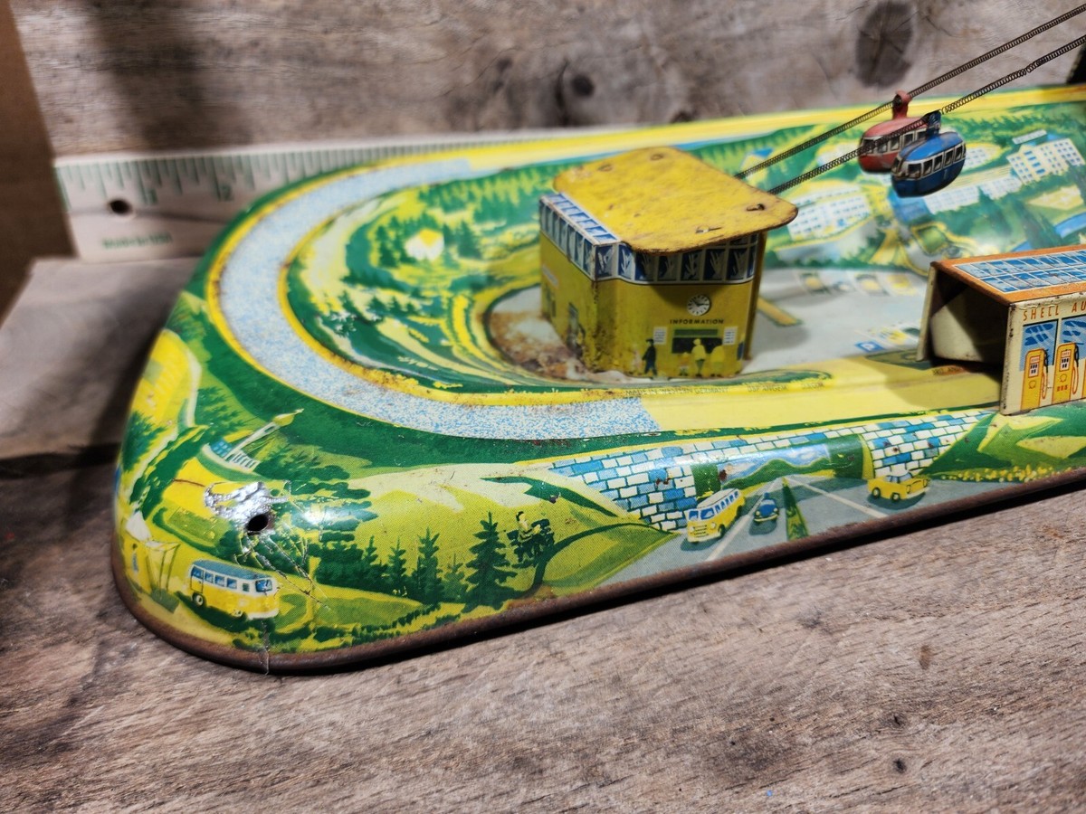 Vintage Technofix Wind Up Toy Cable Car Germany, 50's Yellow roof