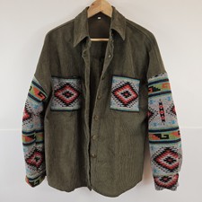 La Miel Curduroy Women Xl Olive Green Ribbed Shacket Button Aztec Geometric