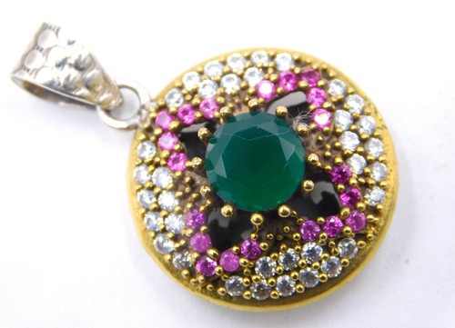 7Gm 925 Argento Sterling Sintetico Smeraldo Taglio Gemma Bicolore Ciondolo 1.3 " - Foto 2 di 5