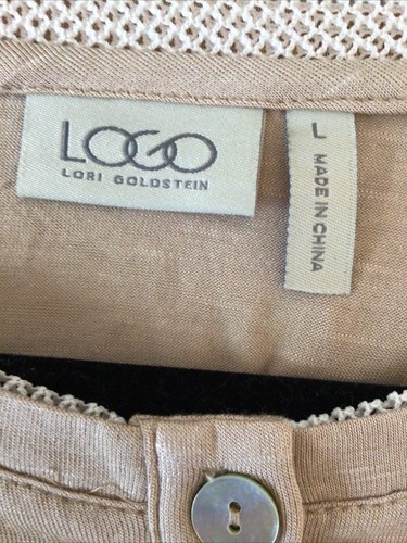 logo by lori goldstein Sand Mesh Trim Handkerchief Hem 3/4 Button Henley Top L - Picture 6 of 7