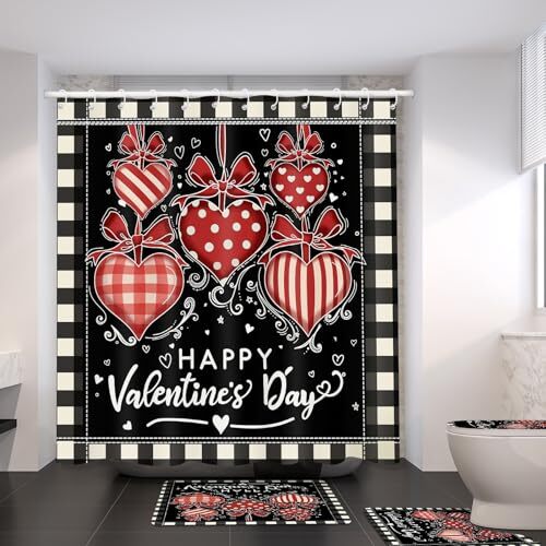 4 Pcs Valentine's Day Shower Curtain Set with Non Slip Rug Toilet Lid Cover - 第 5/8 張圖片