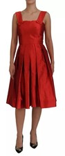 Dolce & Gabbana Red A-line Pleated Midi Satin Silk Women's Dress Authentic