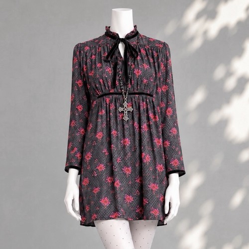 McQ, McQ Alexander McQueen Silk Babydoll Dress US S Black Red Floral Whimsigoth Mini