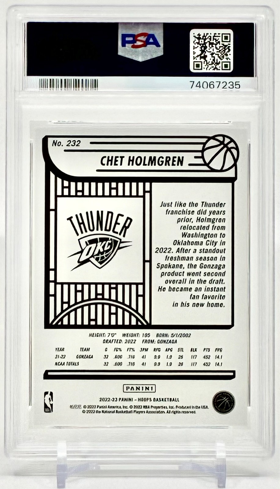 2022-23 Panini NBA HOOPS Rookies Chet Holmgren #232 Silver /199 (RC) PSA 10 view 3