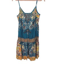 Lucky Brand Sun Dress S Blue Paisley Smocked Boho Rayon Festival Summer Beach
